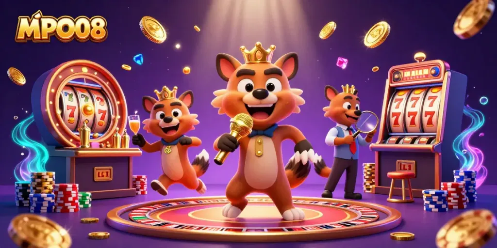 Engage in the vibrant MPO08 comedy casino experience featuring hyenas amidst golden coins and slot wins.
