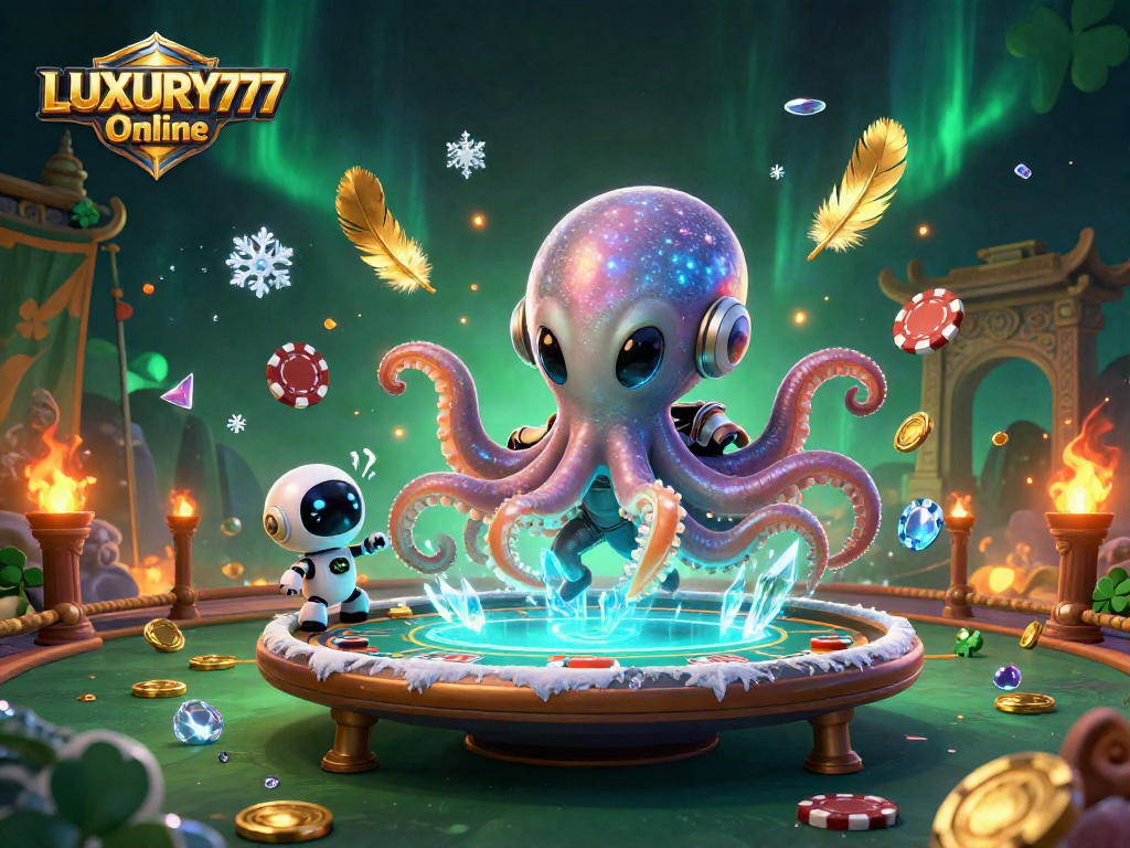 Permainan kartu di LUXURY777 Online dengan alien kartun dan chip poker berputar di sekitarnya.