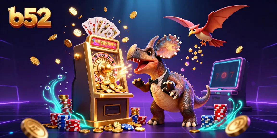 Experience b52's thrilling jackpot action as a cartoon dinosaur interacts with a golden slot machine amidst flying coins and casino excitement.