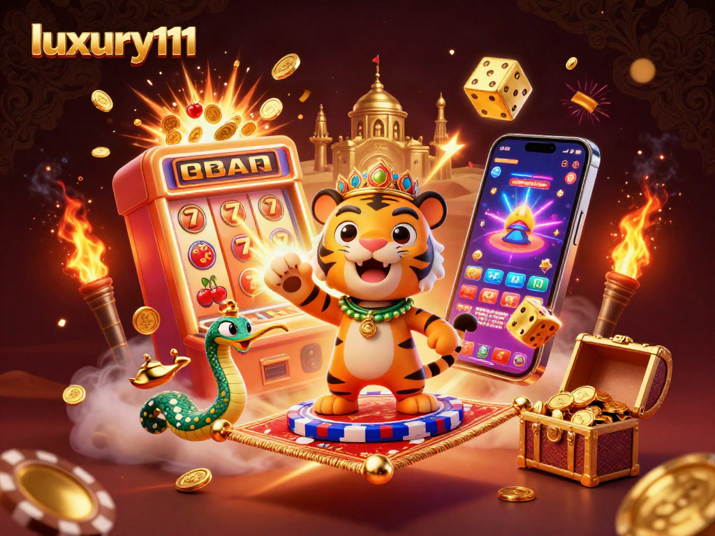 Experience the magic of luxury111 with a vibrant casino scene featuring a tiger sultan and a jackpot explosion.
