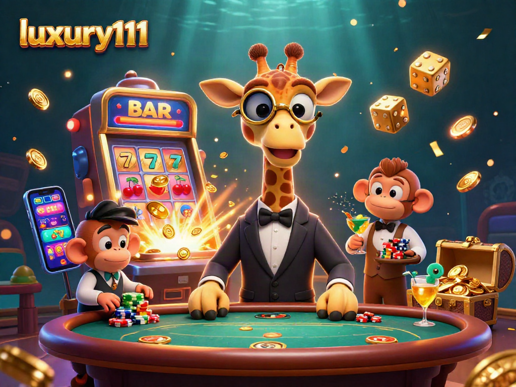 Engage with luxury111 as a high-roller giraffe plays poker, surrounded by vibrant casino elements.