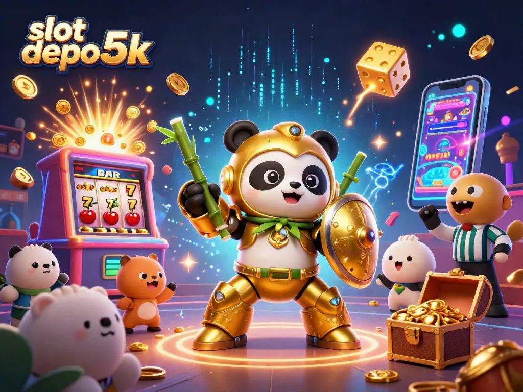 Experience the excitement of slot games at slot depo 5k with a cartoon mech panda and vibrant jackpots.