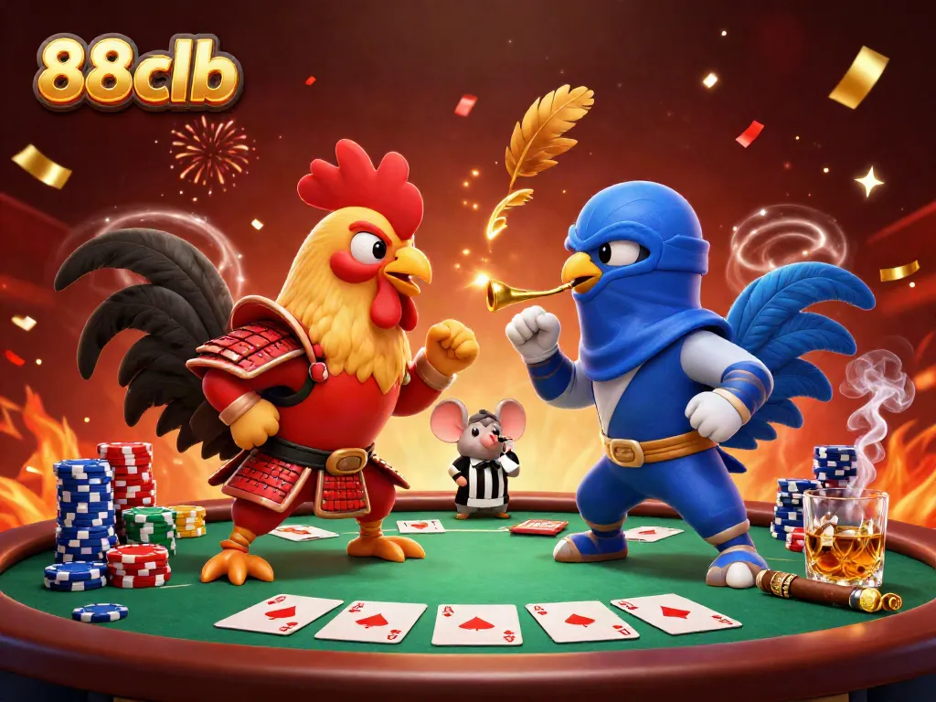 Engage in thrilling gameplay at 88clb as two fighting roosters face off at a colorful poker table