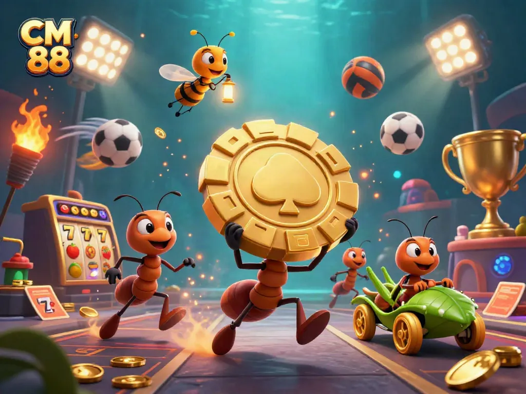 Experience CM 88 with a thrilling 3D poker chip heist scene featuring ants and gaming elements.