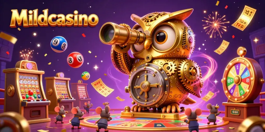 Mildcasino offers thrilling casino experiences with an energetic scene of a golden owl and vibrant lottery elements.