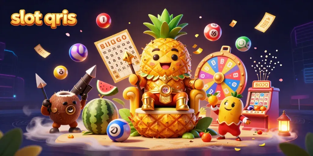 Experience the excitement of slot qris with a vibrant 3D casino scene featuring a playful pineapple king.