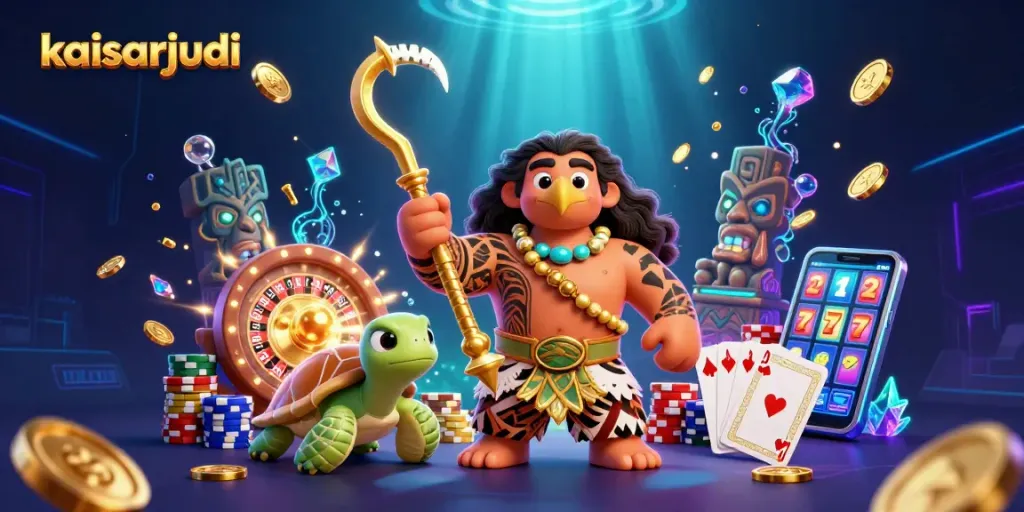 Engaging scene with kaisarjudi's characters amidst cascading coins and vibrant casino elements.