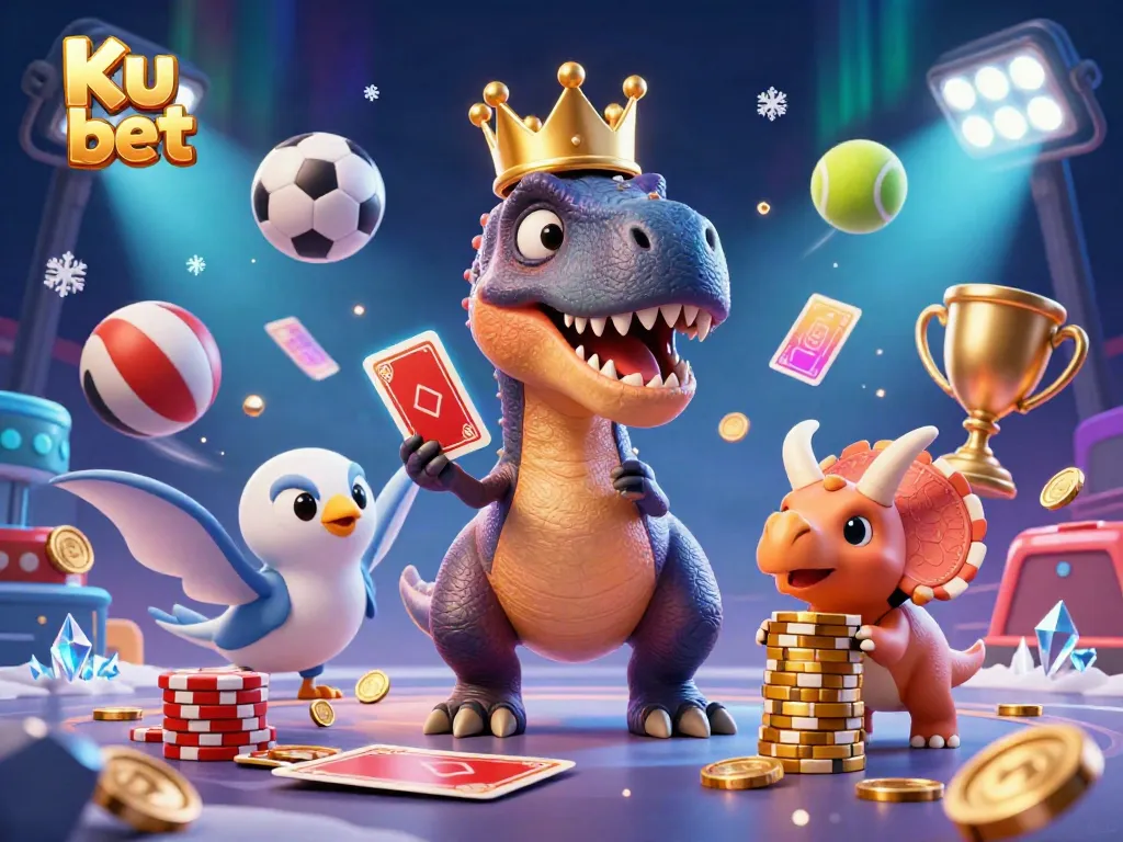Engage with Ku bet in a vibrant cartoon illustration showcasing a T-Rex, pterodactyl, and triceratops in a casino setting filled with dynamic sports elements.