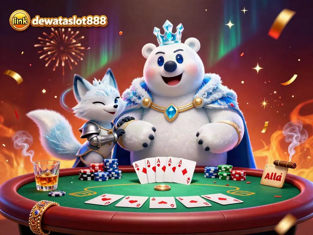Jelajahi keseruan meja poker di link dewataslot888 dengan suasana meriah dan karakter unik dalam permainan kartu.