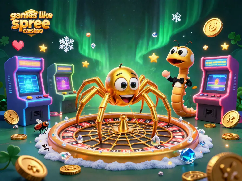 Play engaging games like spree casino with a lively 3D illustration of casino elements and characters.