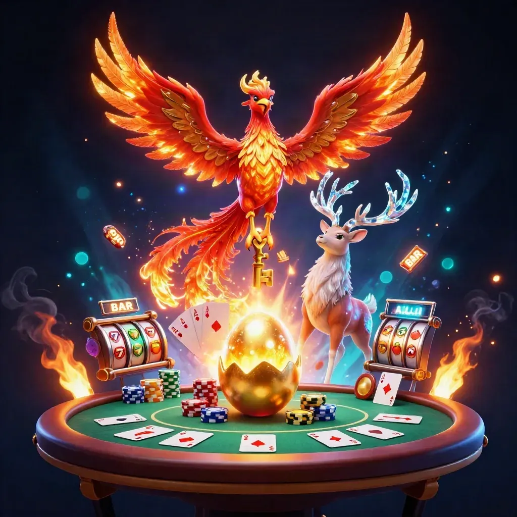 Phoenix, hatching chick, and crystal-antlered stag amid casino icons in dark neon light.