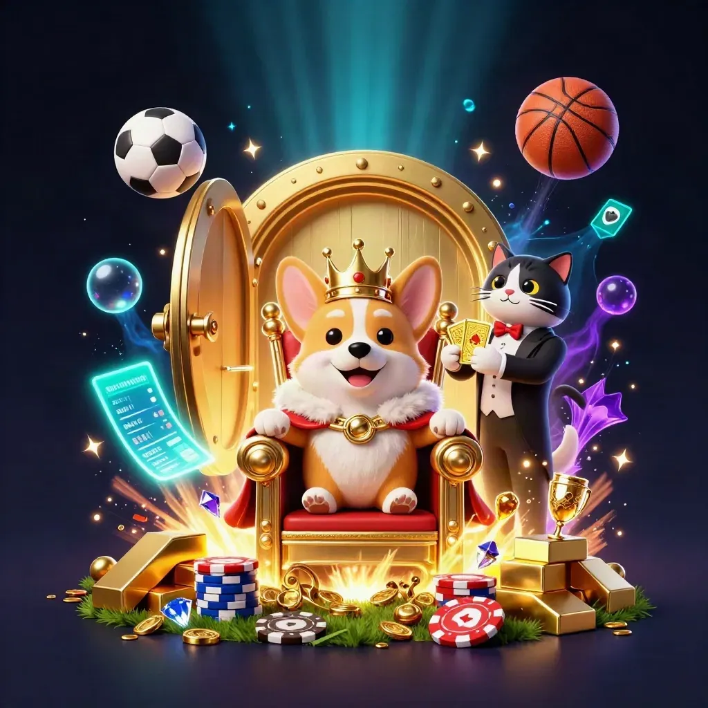 Crowned corgi and cat butler amid vault gold, flying balls, and cyan casino glow.