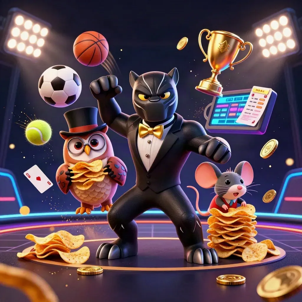 Cartoon panther, owl and mouse amid flying balls, coins, trophy and neon casino lights.