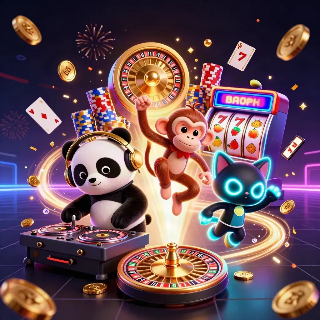 DJ panda, dancing monkey, and glow-stick kitten blast coins, gems, and neon casino energy.
