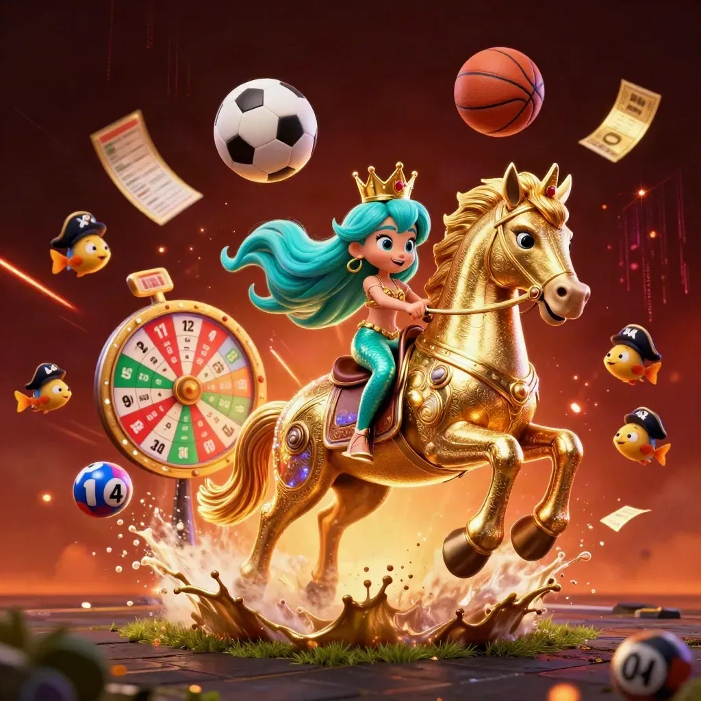 Mermaid princess on a gold seahorse amid casino sports balls, neon streaks, and ember glow.