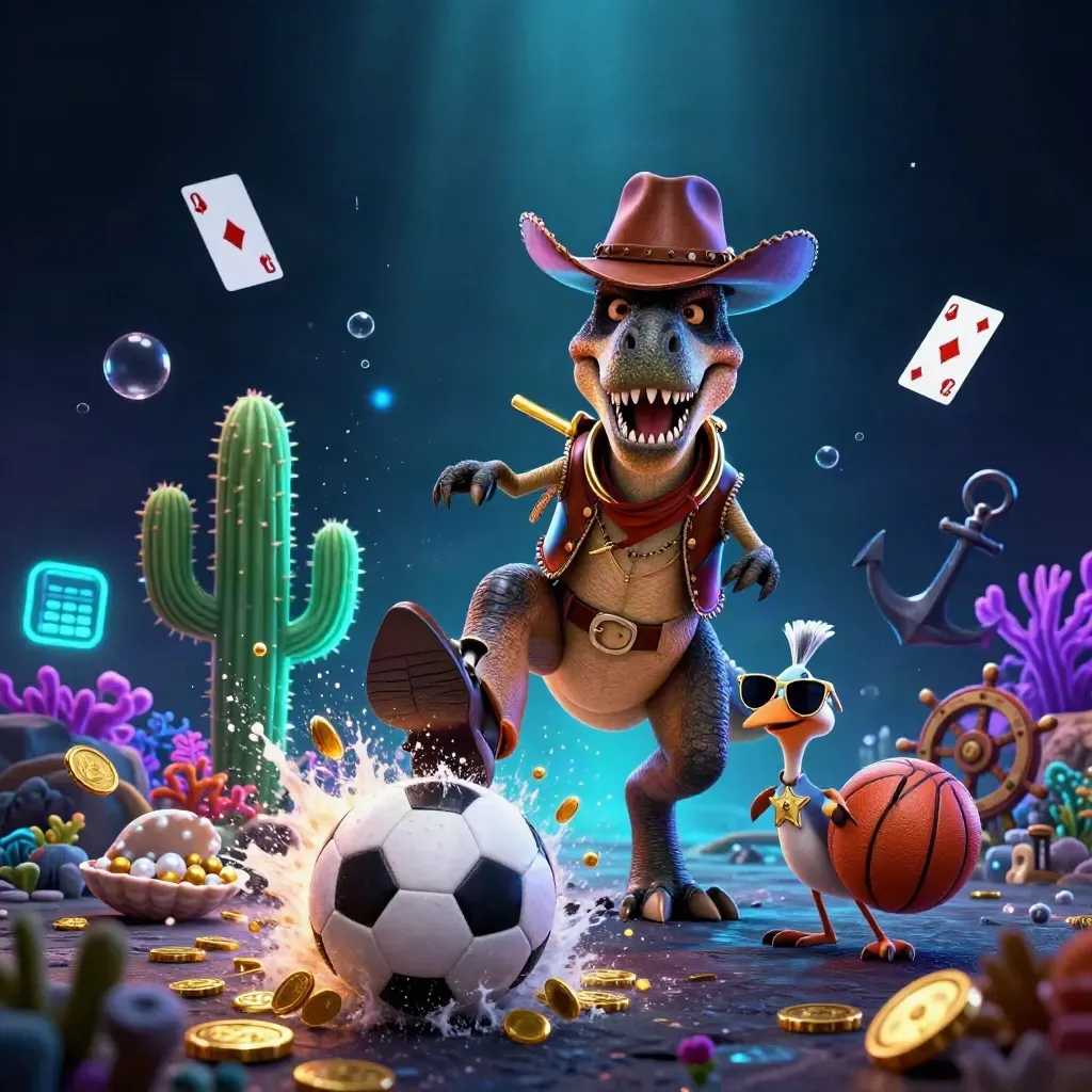 Cowboy T-Rex, cactus sidekick, and roadrunner with soccer ball and basketball in a glowing treasure cove