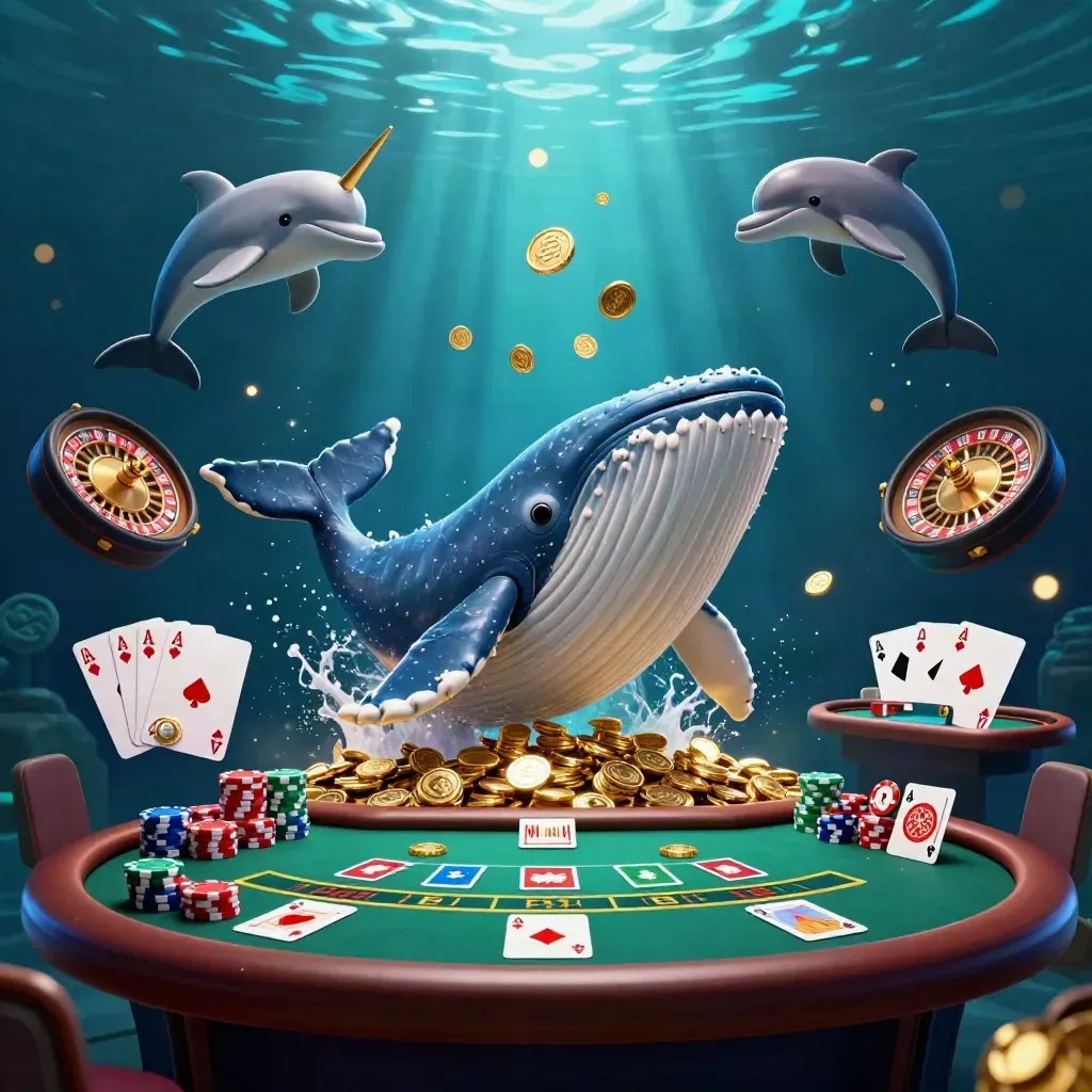 Whale captain, narwhal and dolphins in a glowing underwater casino with cards, chips and roulette.