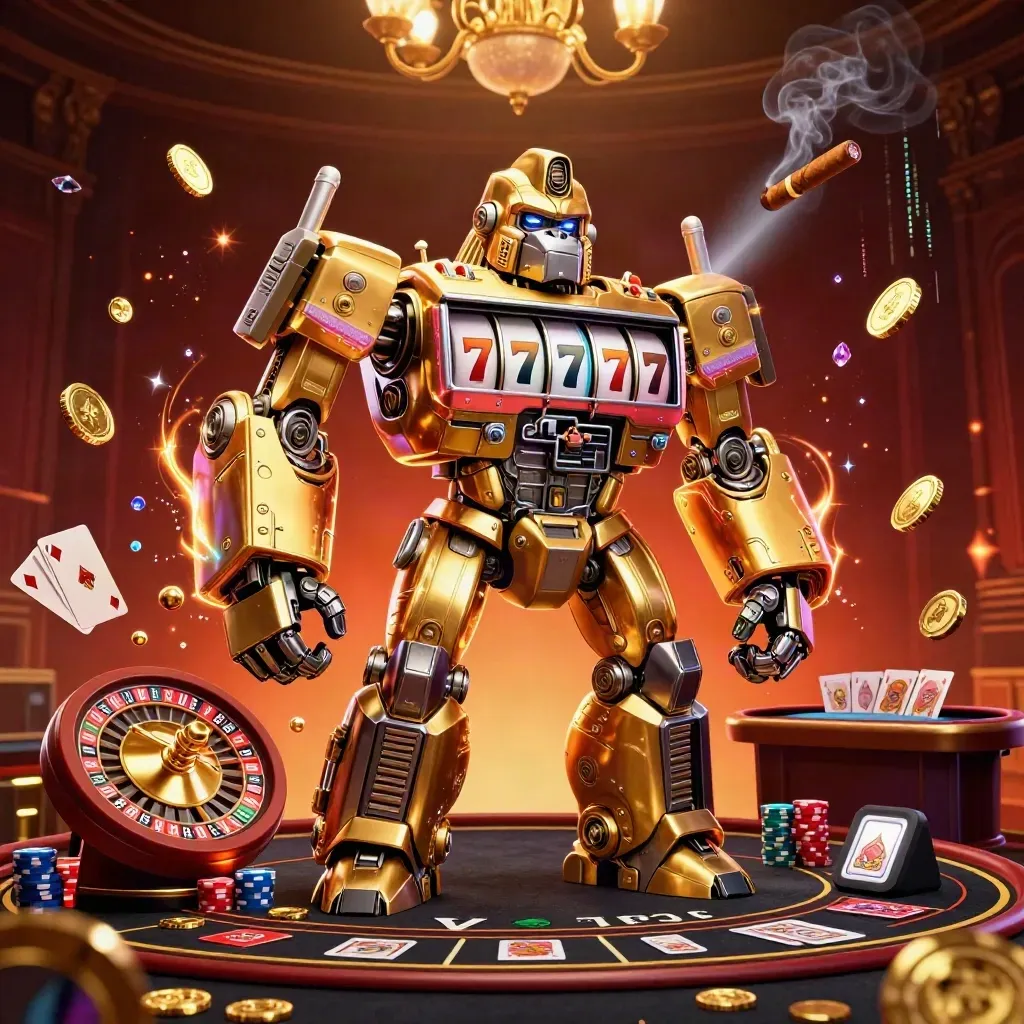 Golden gorilla mech and tiny monkey in a luxe casino room with coins, chips, cards, and neon glow.