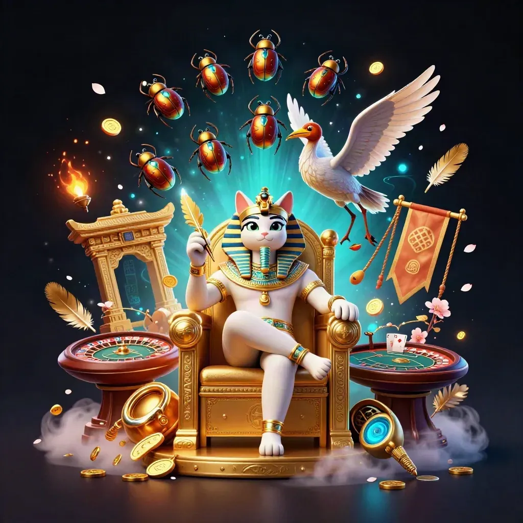 Pharaoh cat throne scene with ibis scribe, scarab wings, gold, cyan, and casino elements