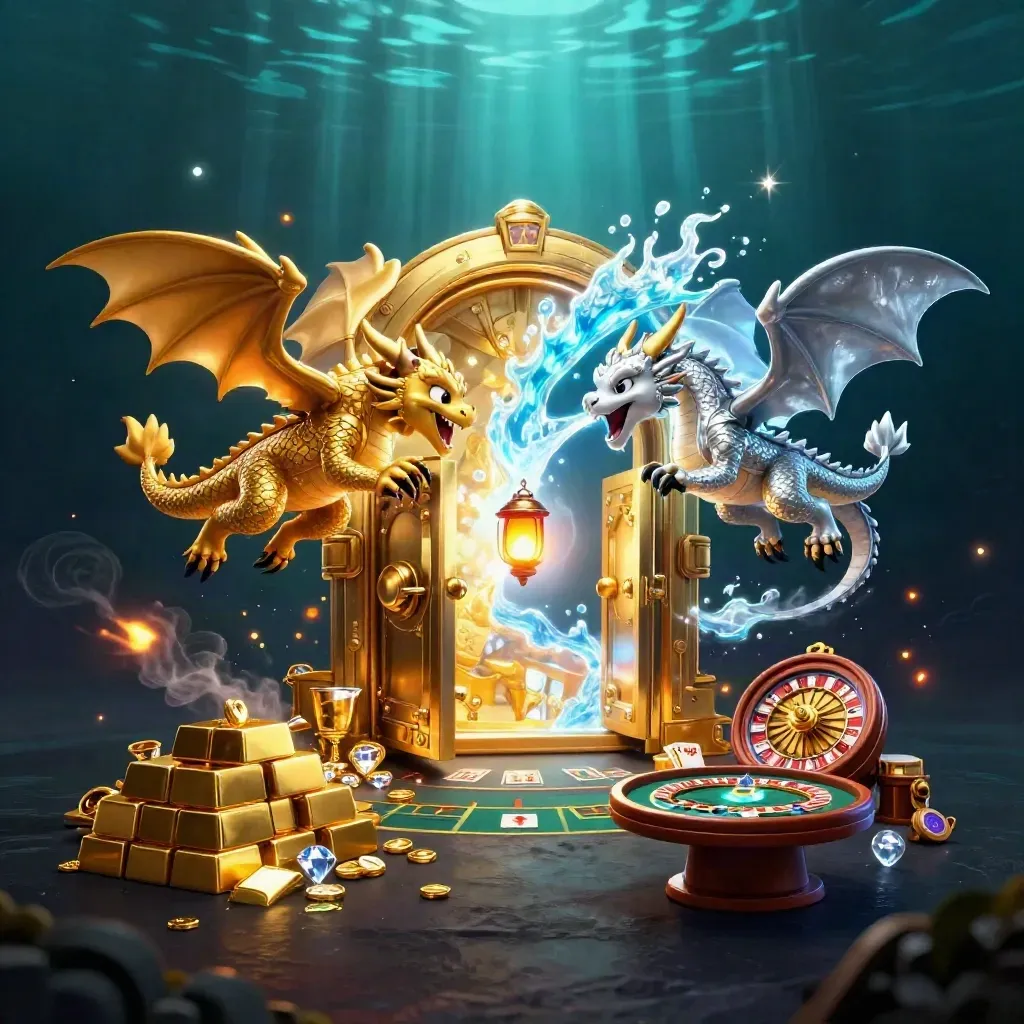 Twin gold and silver dragons circle a glowing vault with casino riches and underwater light