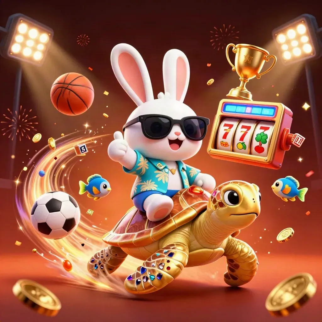 Lucky rabbit rides a gold turtle amid coins, fireworks, neon sports balls, and casino magic.