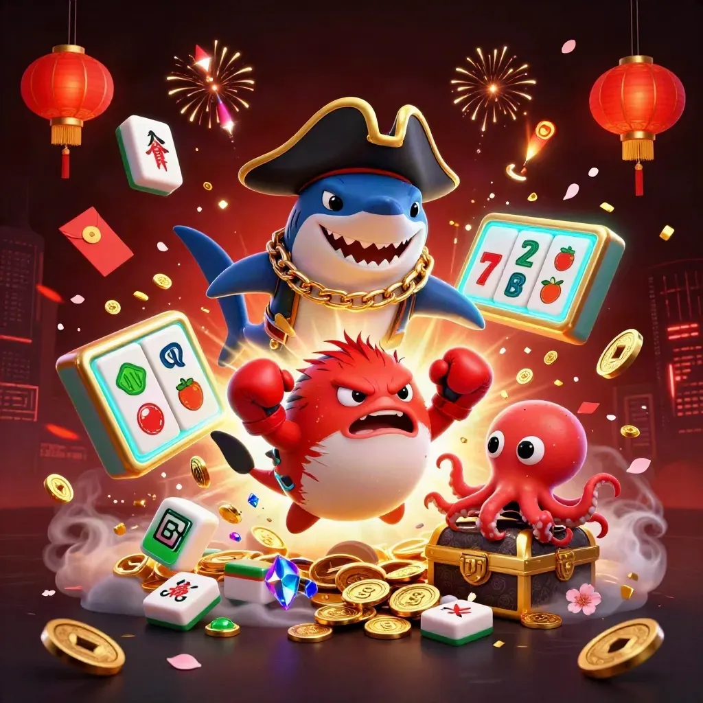 Pirate shark, boxing pufferfish, and juggling octopus amid neon loot bursts and casino symbols