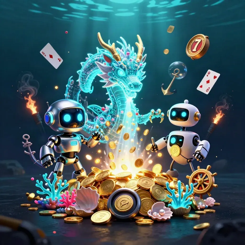 Cyberpunk robot, holographic dragon, and coin drone erupting in an underwater treasure cove.