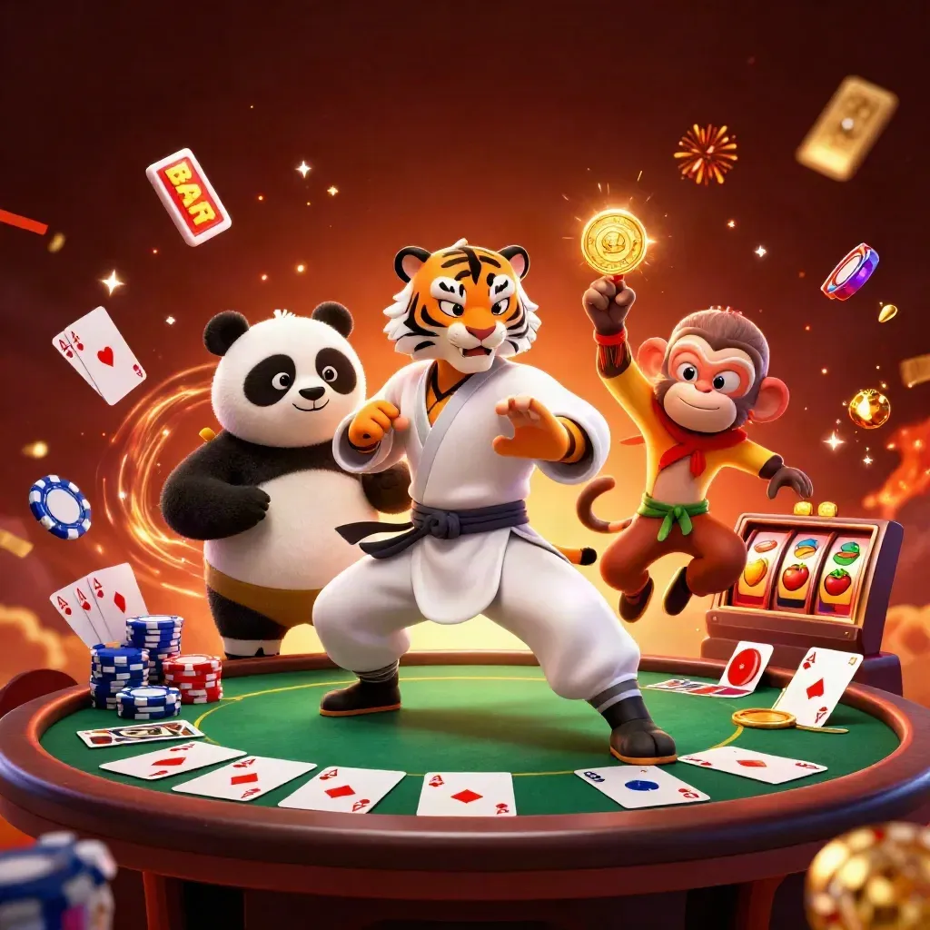 Kung-fu tiger, panda, and monkey amid chips, cards, gold medal, embers, and neon casino magic.