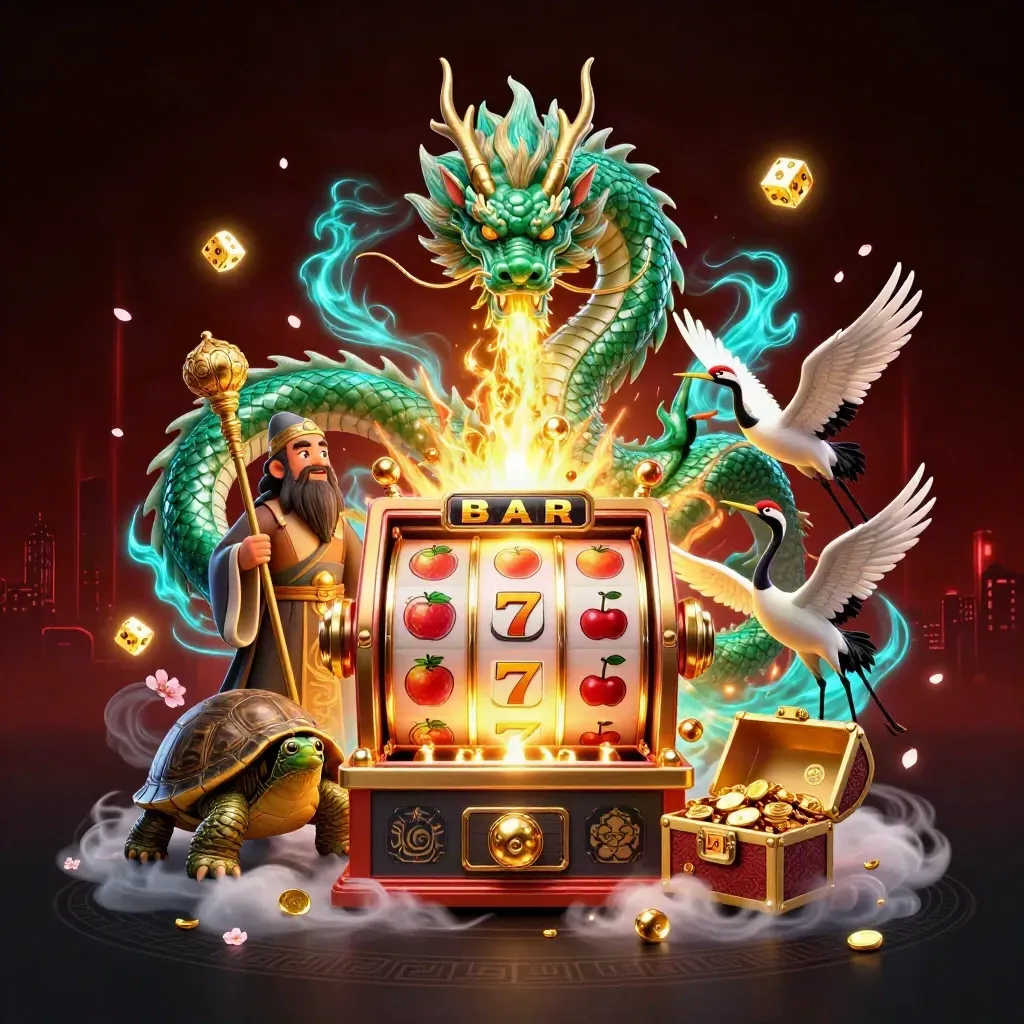 Jade dragon, turtle sage, cranes, slot burst, gold chest, neon cyan energy, dark casino fantasy