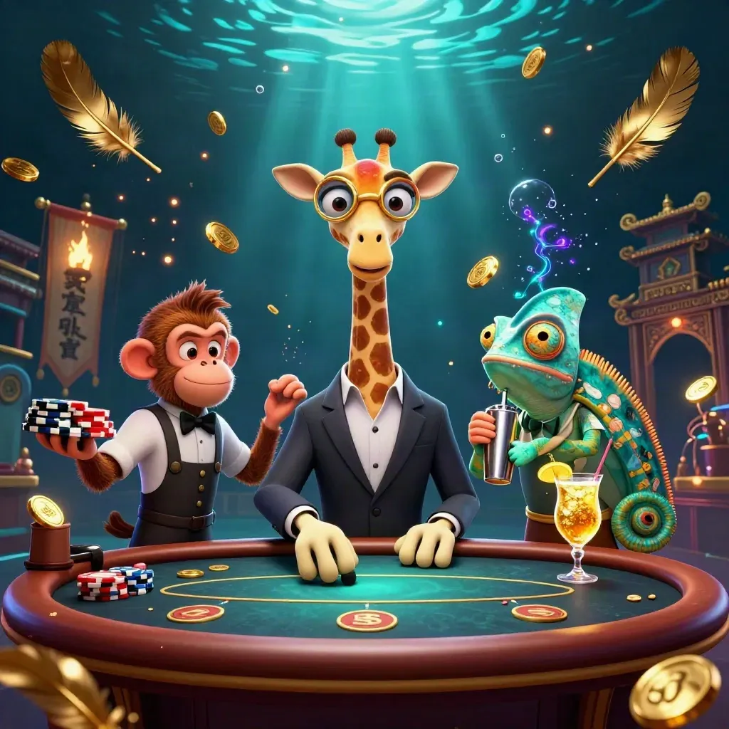 Suited giraffe, monkey valet, and chameleon bartender amid gold bursts under underwater glow.