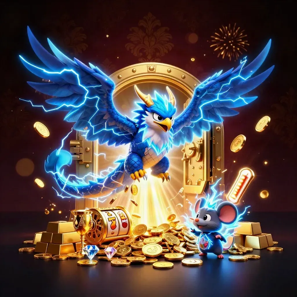 Thunder dragon, wind hawk, and static mouse burst from a golden vault amid casino treasure and fireworks.