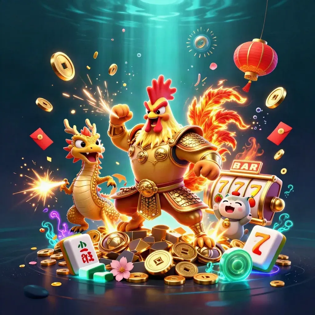 Rooster samurai, spark-breathing dragon and fortune cat amid gold coins and fireworks underwater.
