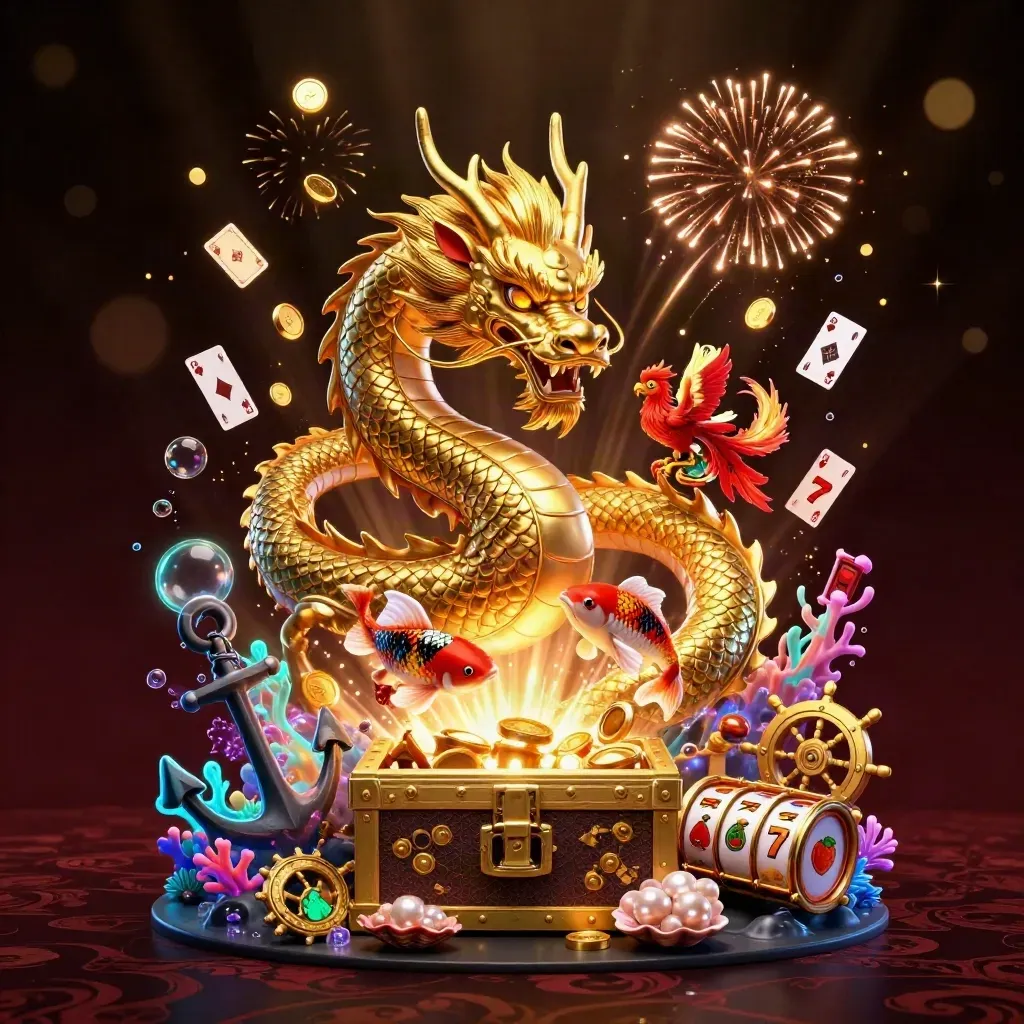 Golden dragon, phoenix, and koi amid coins, reels, coral, and fireworks in a dark luxe cove.
