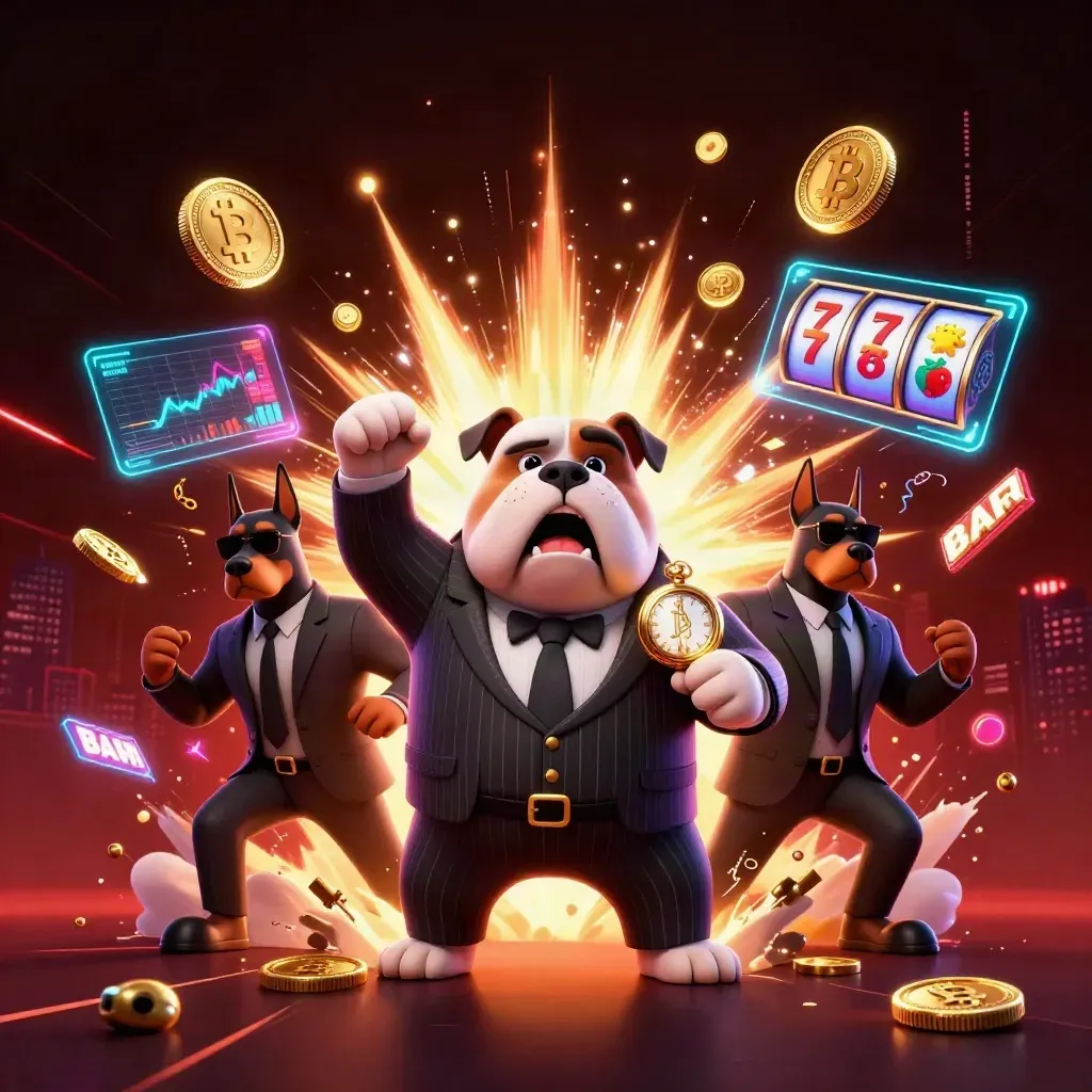 Bulldog mob boss and two Dobermans amid exploding coins, slots, lightning, and neon casino energy
