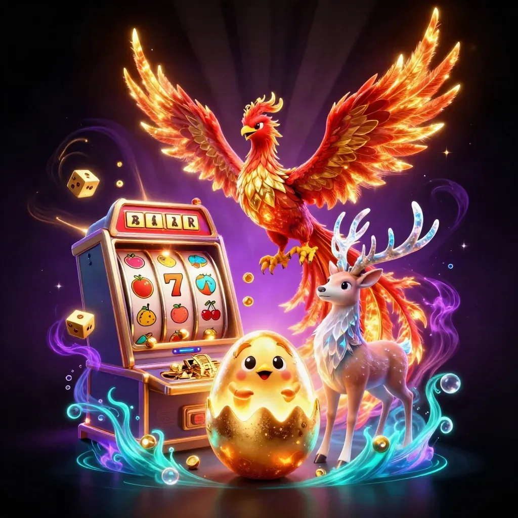 Fire phoenix, hatching hatchling, and crystal-antler stag amid slot reels, gold, and cyan glow.