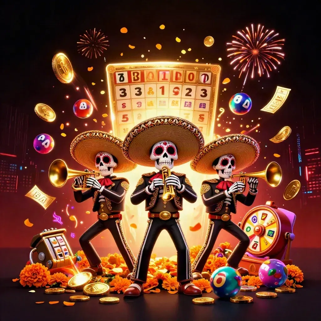 Day-of-the-Dead mariachi skeleton trio amid bursting coins, fireworks, and neon slot symbols.