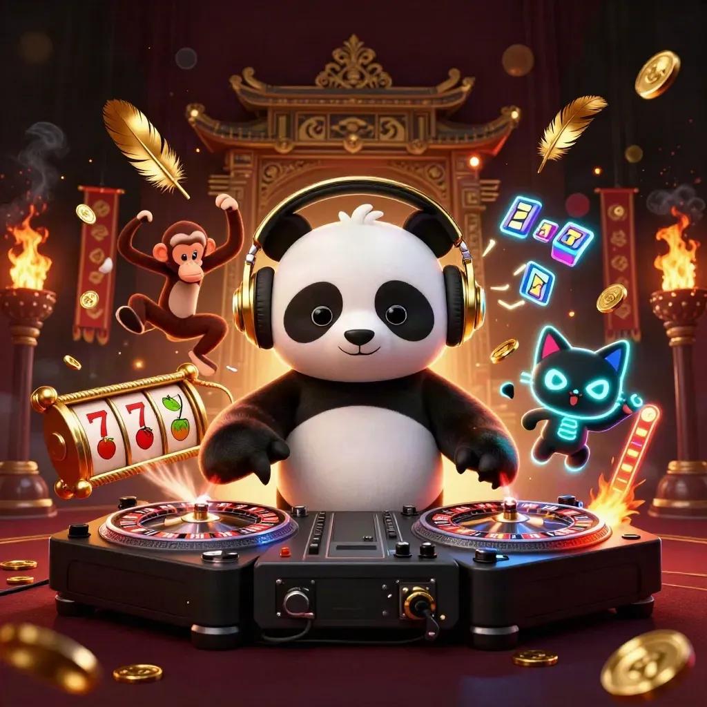 Panda DJ, breakdancing monkey and glow-kitten amid roulette decks, coins, temple flames