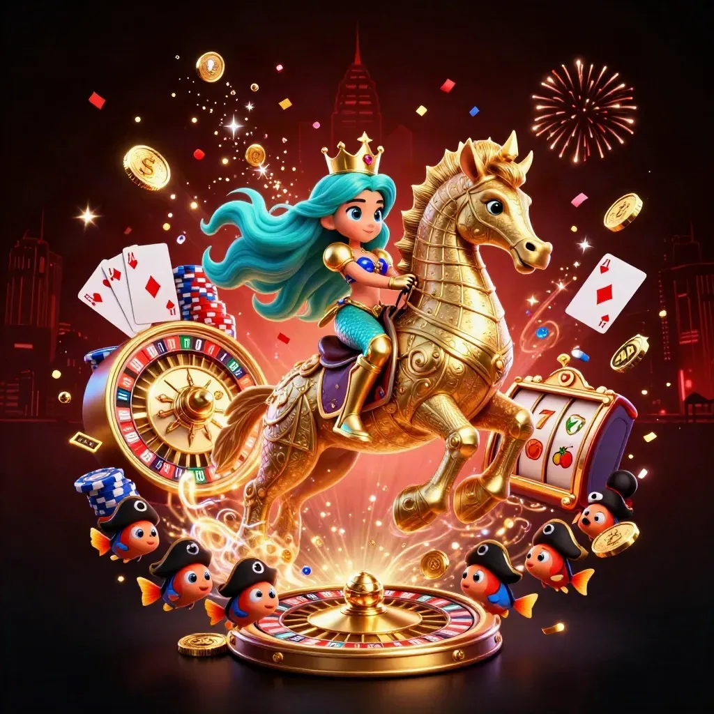 Mermaid princess on gold-armored seahorse amid chips, coins, roulette wheel and pirate fish.