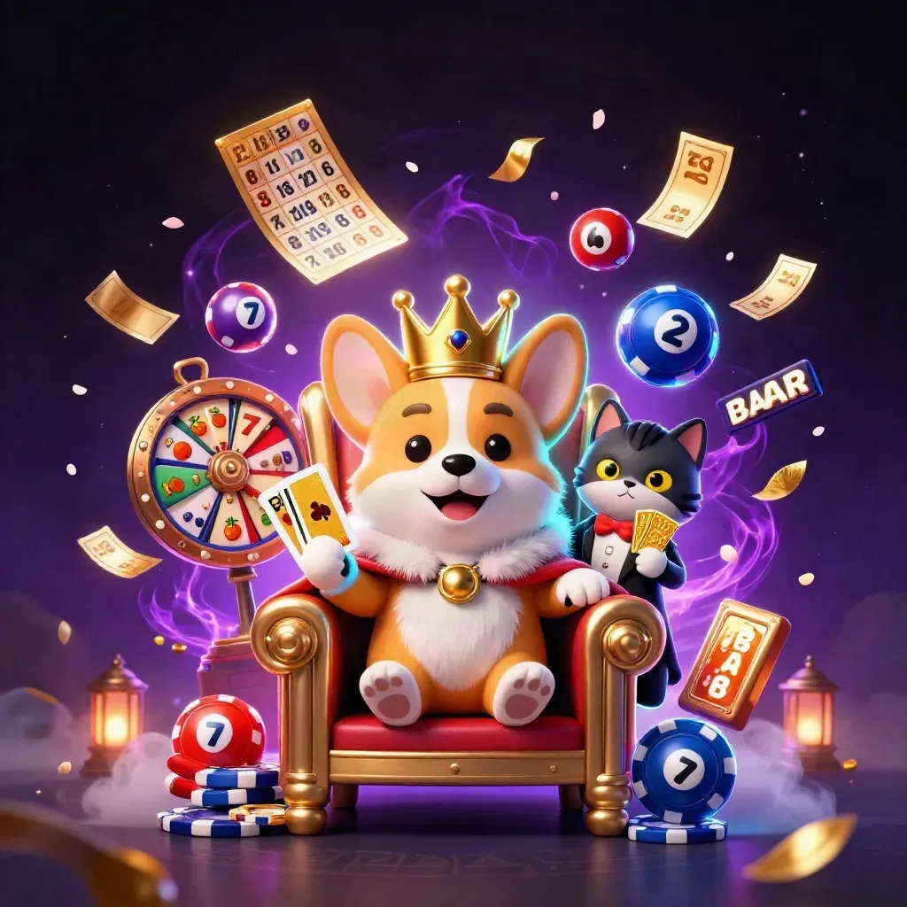 Royal corgi and cat butler on a chip throne, with jackpots, reels, and glowing magic