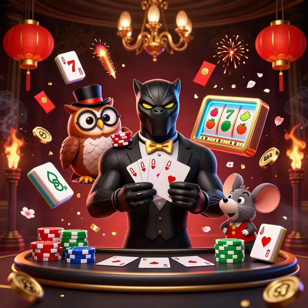Black panther, owl, and mouse in a luxe casino splash with cards, chips, lanterns, and glowing gold effects.