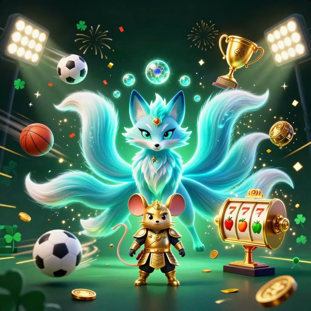 Neon cyan nine-tailed fox spirit with gold samurai mouse amid slot symbols, coins, and fireworks.