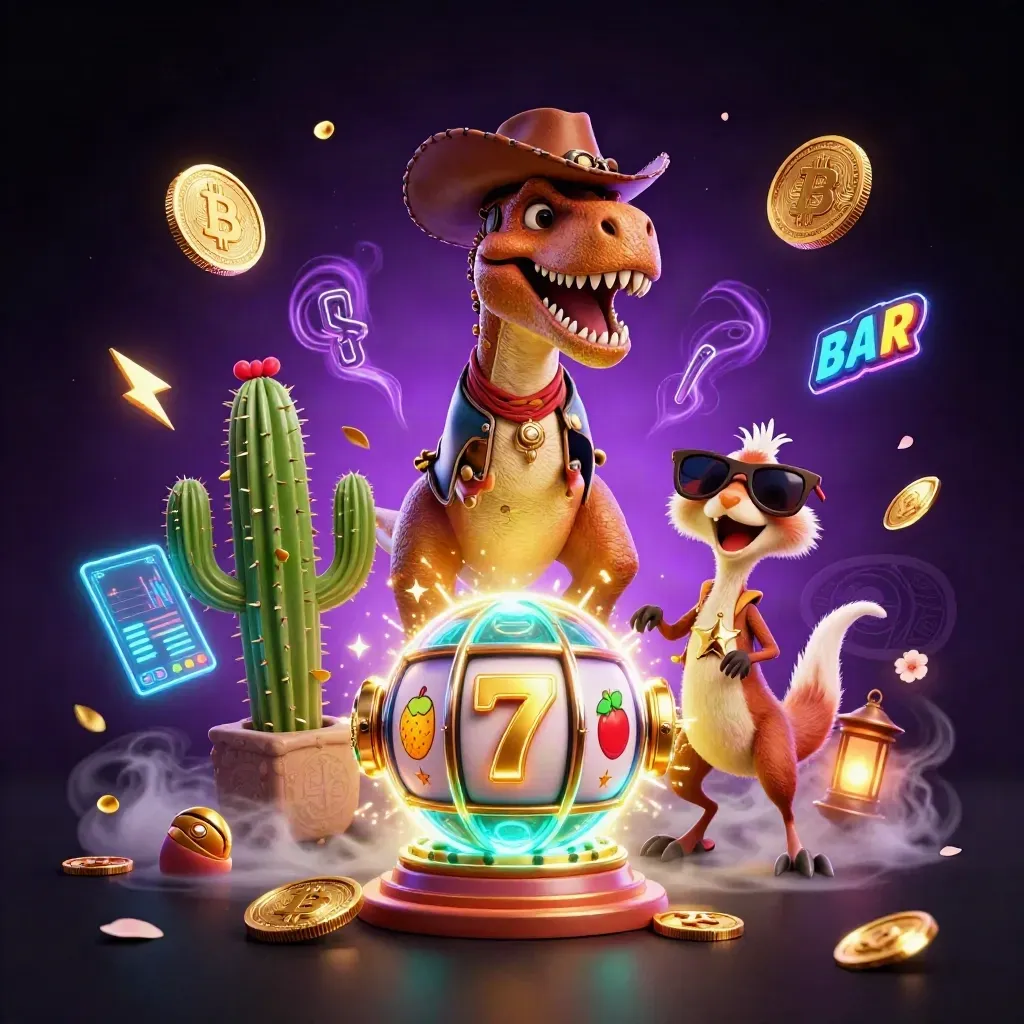 Cowboy T-Rex, cactus sidekick, and roadrunner amid neon coins, reels, and purple cosmic energy.