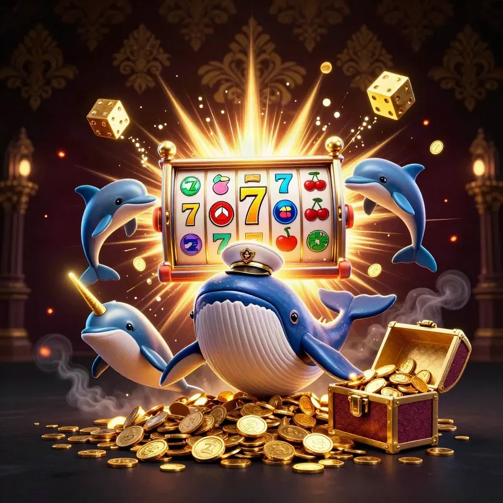 Whale captain, narwhal, and dolphins burst through coins beside an exploding slot machine.
