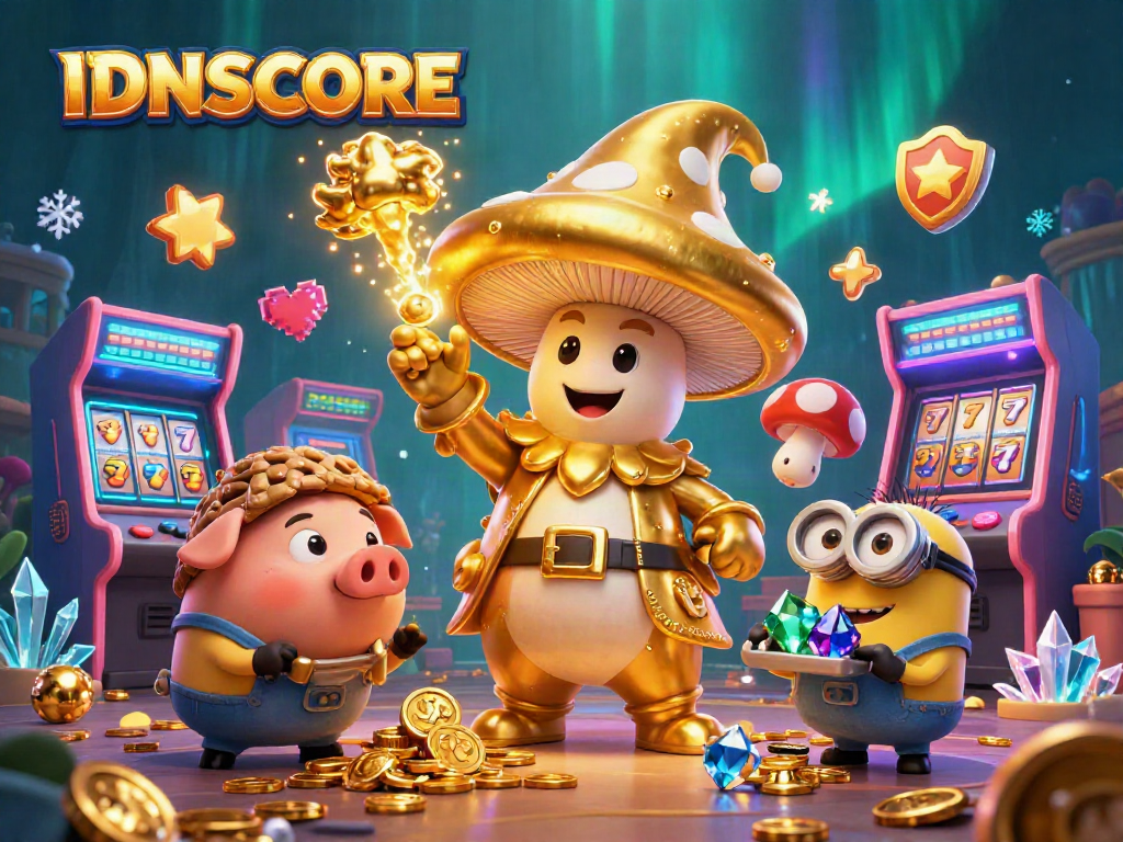 Experience IDNSCORE through vibrant 3D illustrations of casino magic, winning treasures, and game excitement.