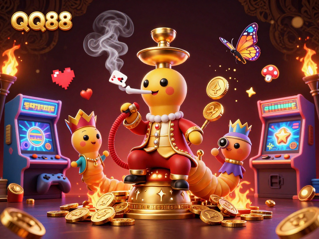 Engage in exciting gameplay at QQ88 featuring a vibrant 3D scene filled with casino elements.