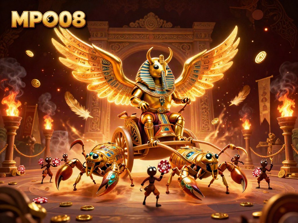 Engage with MPO08 as a golden scarab beetle leads a vibrant gaming scene filled with excitement and energy.
