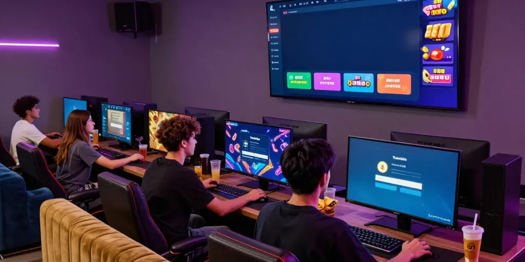 Friends enjoying Yumetoto gaming in a vibrant lounge setting.