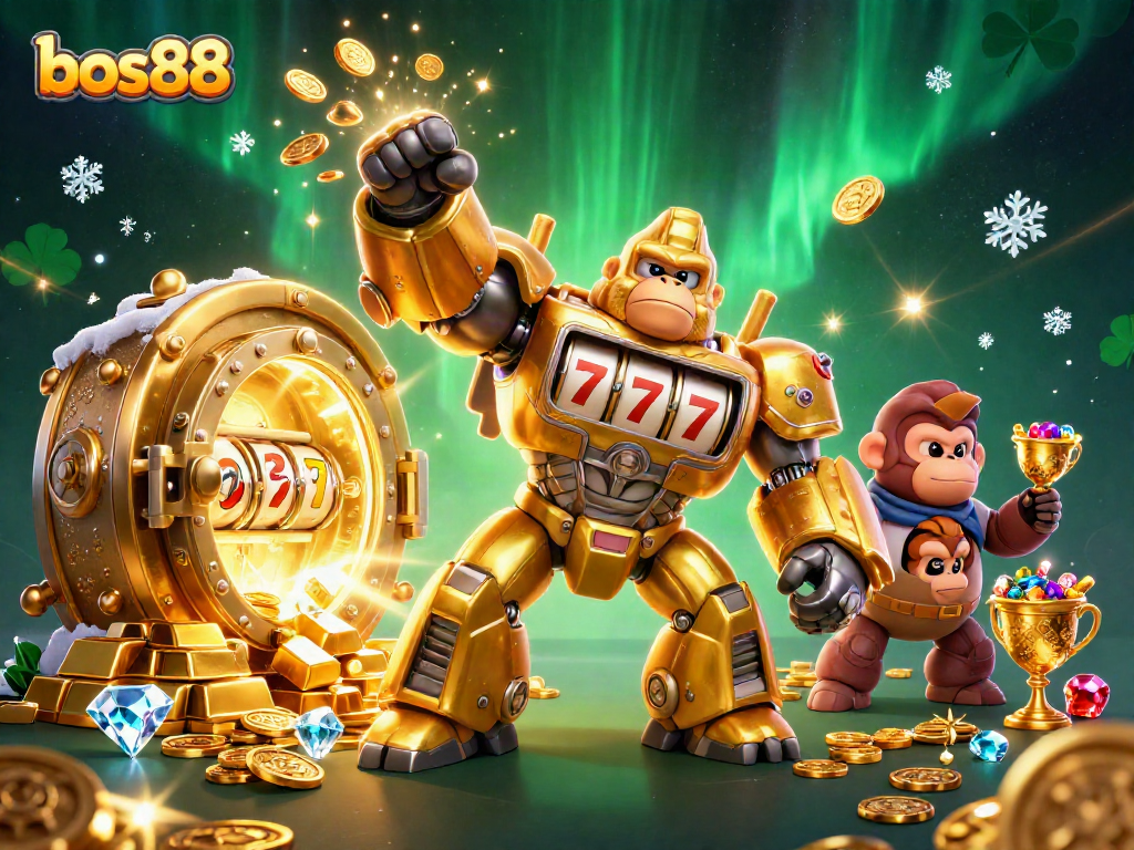 Bermain slot online di bos88 dengan karakter mecha gorila emas dan harta berkilauan.