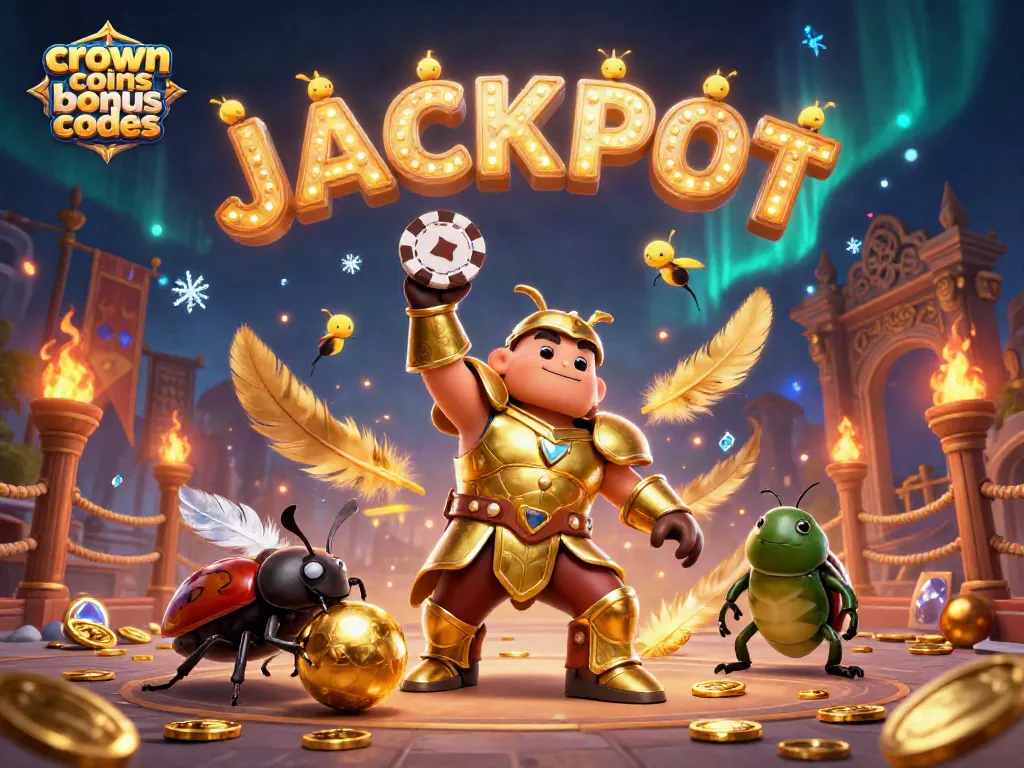 Crown coins bonus codes shine as a heroic beetle captures the jackpot in a vibrant casino arena.