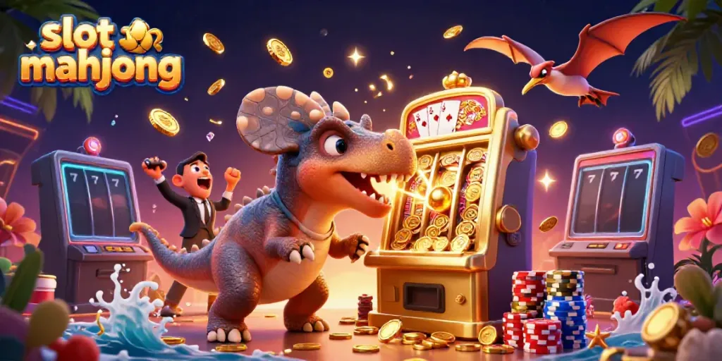 Slot mahjong dengan karakter dinosaurus dan mesin slot, memancarkan koin emas.